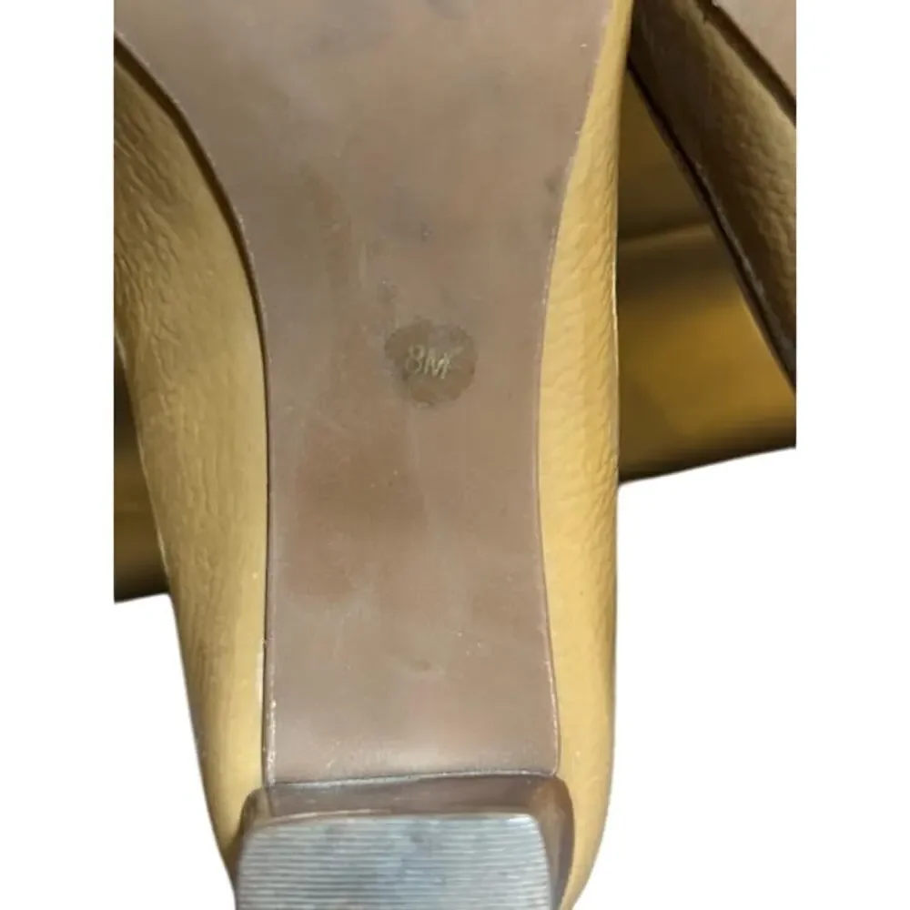 Women’s Tan Patent Leather Block Heel Pumps with Buckle Detail